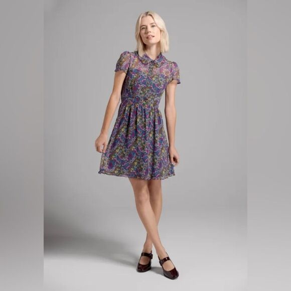 ModCloth Leaving Love Notes Mini Shirtdress Retro Floral Pattern  Sz L NWT - Picture 1 of 10